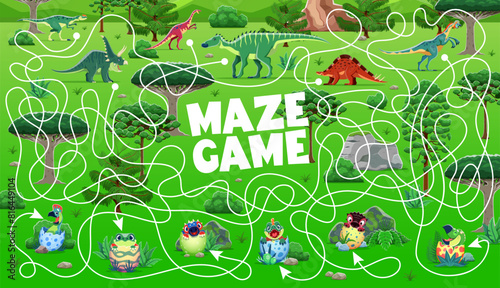 Kids labyrinth maze game, help to dinosaurs find them kids. Cartoon vector colorful children workout with various dino and their offspring eggs in a lush prehistoric jungle landscape with tangled path