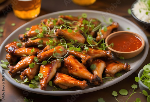 A plate of grilled chicken wings with a bowl topped with fresh microgreens and a glass of beer 