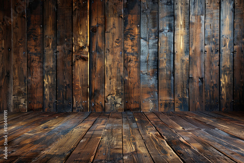 Dark wooden wall and floor background. Created with Ai