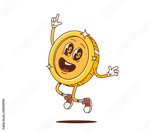 Cartoon retro groovy retro golden coin character with funky face smile, vector comic. Groovy funny casino jackpot golden coin with dollars in eyes and happy smiling face as cartoon groovy character