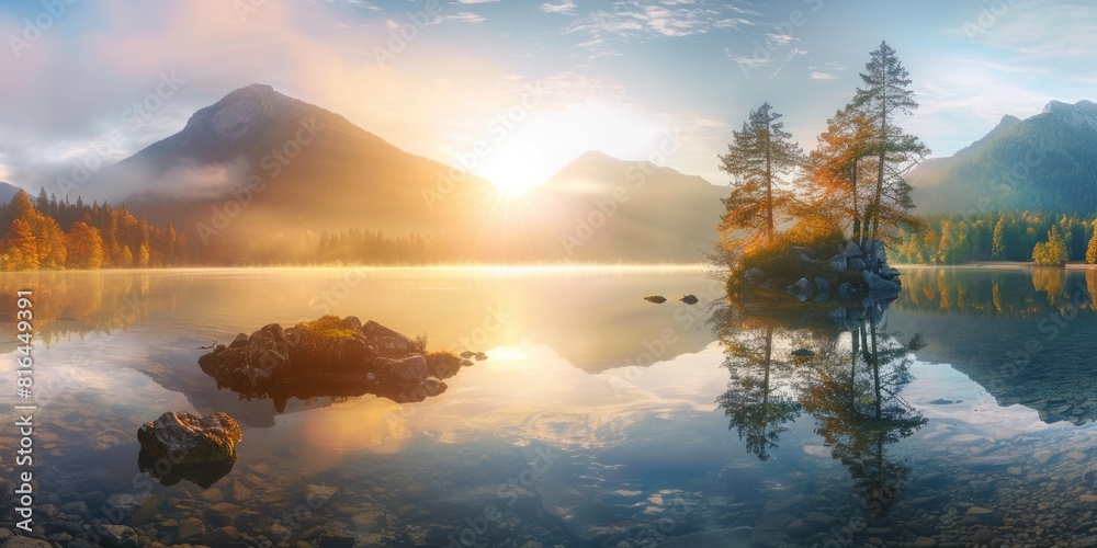 Tranquil Landscape. Sunrise at Hintersee Lake with Bavarian Alps in Autumn