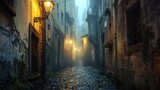 Old Street. Dark and Narrow Alleyway in Medieval Town on Foggy Night