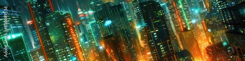 Beautiful Scene. Futuristic Cityscape at Night with Orange and Green Neon Lights