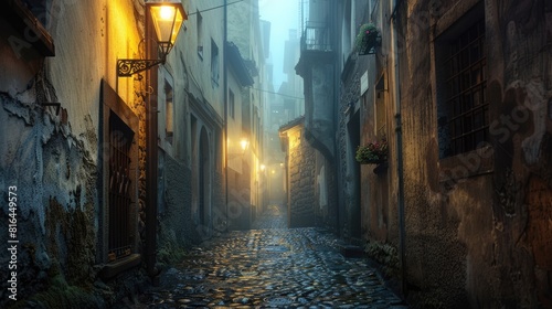 Old Street. Dark and Narrow Alleyway in Medieval Town on Foggy Night photo