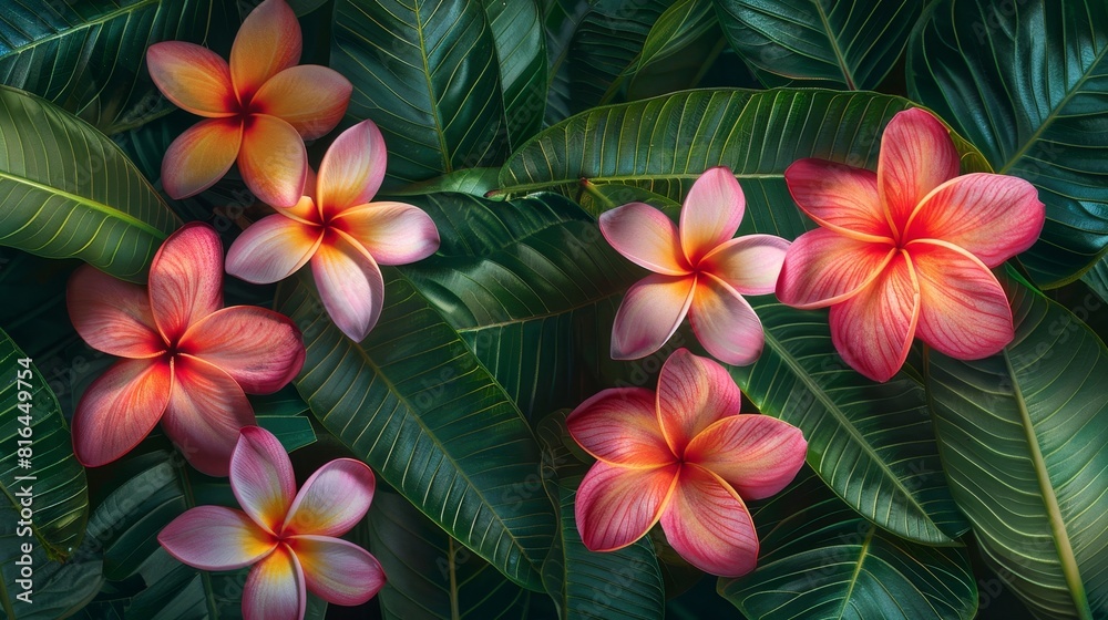 Close-up of vibrant Plumeria flowers amidst lush greenery, highlighting their tropical beauty, perfect for advertising