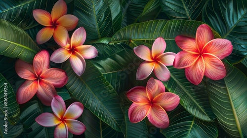 Close-up of vibrant Plumeria flowers amidst lush greenery  highlighting their tropical beauty  perfect for advertising