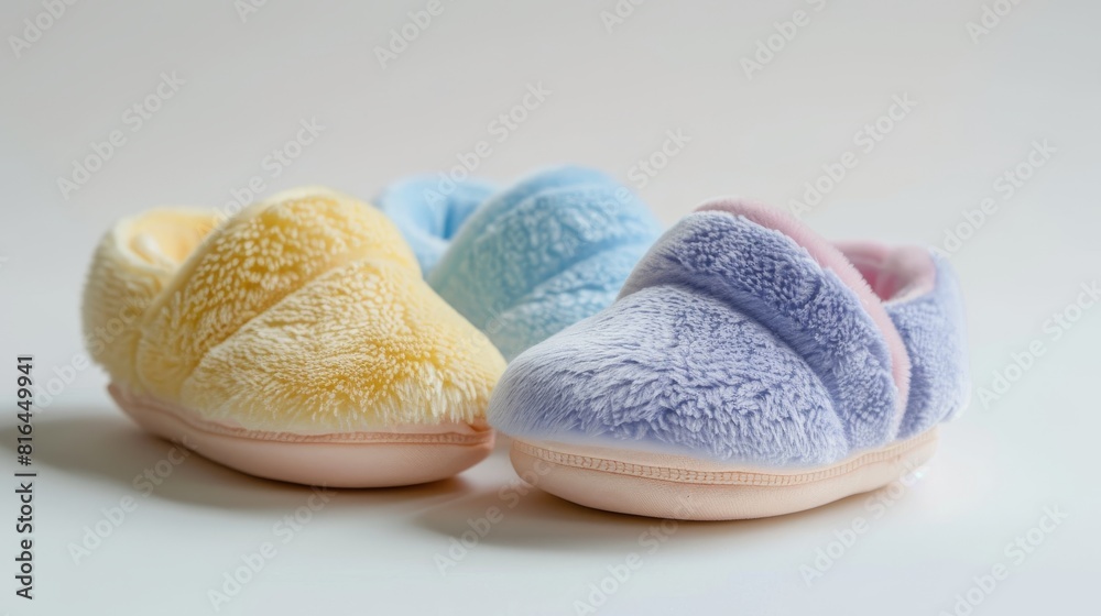 Close-up of toddler foam slippers in soft pastel shades, advertising their soft, pillow-like comfort, isolated on a white background Close-up of toddler foam slippers in soft pastel shades, advertising their soft, pillow-like comfort, isolated on a white background