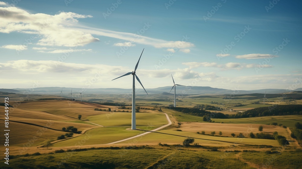 Obraz premium Aerial view of a wind turbine in a field. Green energy and renewable electricity production concept. Generative ai