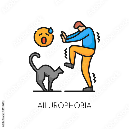 Ailurophobia psychology problem, phobia, mental anxiety line color icon. People psychology, phobia or mental disorder line vector icon. Fear problem thin line sign or symbol with man scared of cat
