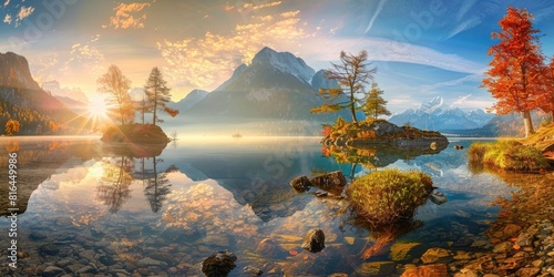Tranquil Landscape. Sun Rising over Hintersee Lake in Bavarian Alps, Germany. Nature's Beauty © Web