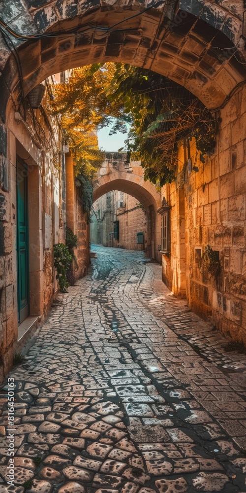 Fototapeta premium Ancient Stone Alleyway in Malta. Cobblestone Path Curving through Archway