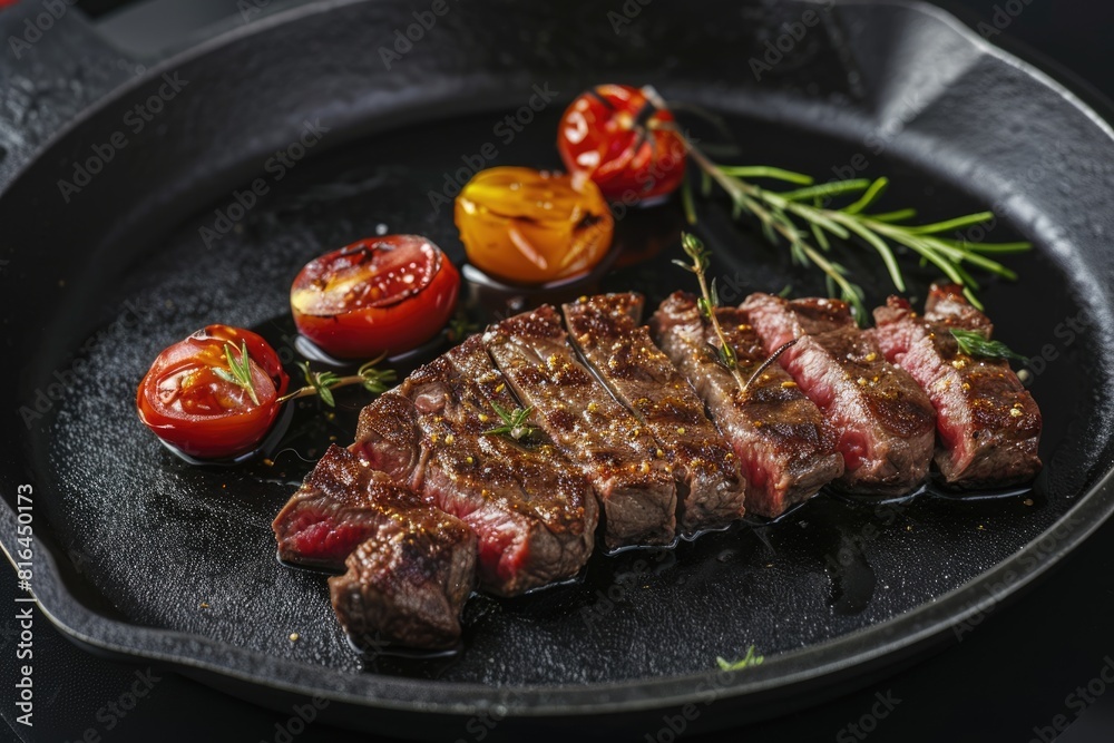 Meat Dinner. Sliced Beef Steak on Black Plate for Rare Steak Cooking