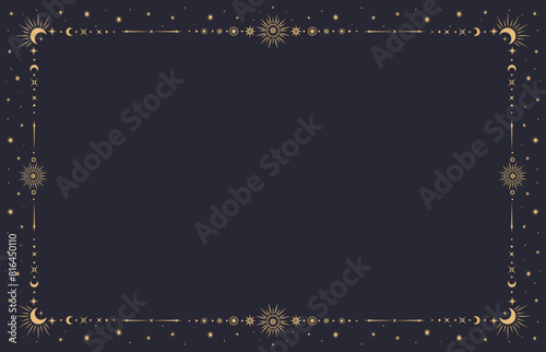 Fantasy mystic celestial frame. Vector background with golden border contains mystical esoteric sun, crescent moon and star symbols in boho style. Mystic, astrology, witchcraft space spiritual frame