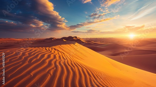 Nature Desert. Sahara Panorama at Sunset with Endless Waves of Yellow Sand