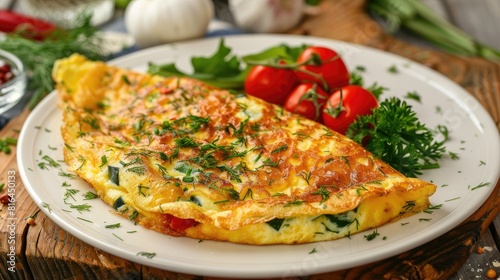 Fried omelet with vegetables and herbs served on a white plate on a wooden table