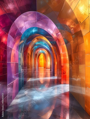 Mesmerizing Prismatic Corridor of Vibrant Geometric Shapes and Lights