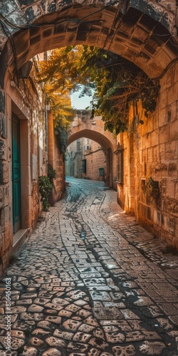 Ancient Stone Alleyway in Malta. Cobblestone Path Curving through Archway