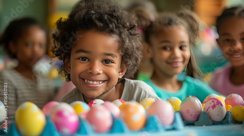 Children and parents participating in a community Easter egg dyeing event, shot with bright, pastel colors to enhance the festive and communityoriented activity
