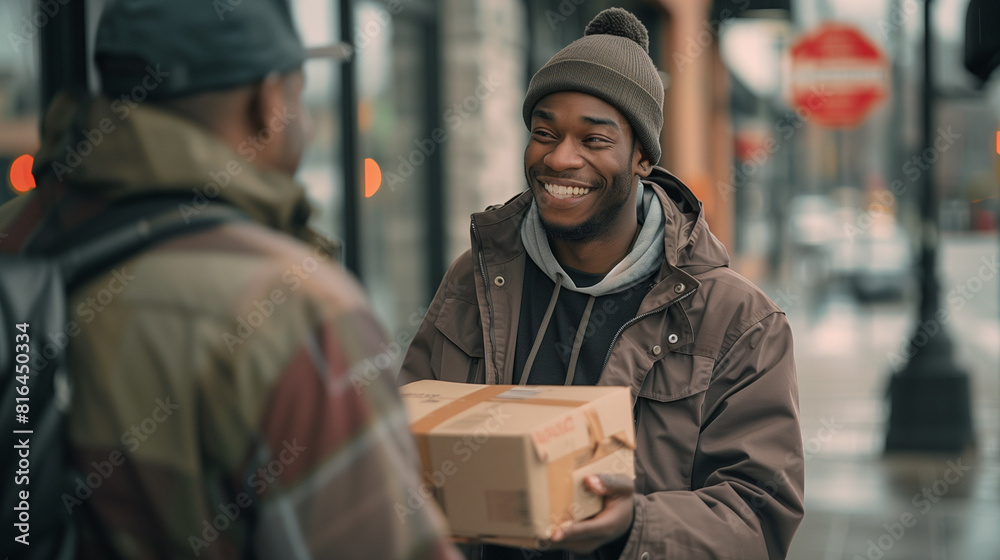 Man Giving Box to Another Man on Street