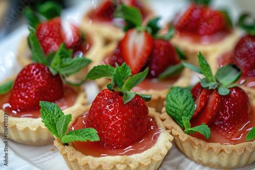 Gourmet Desserts. Delicious Strawberry Tarts with Fresh Mint Leaves in Pastry Cafe