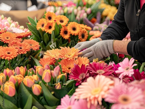 Florist arranging a display for a spring flower show, shot with natural light to enhance the vibrant colors and delicate textures of the flowers