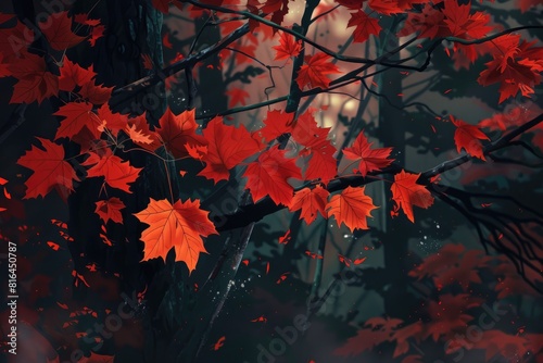 Maple Leaves Fall. Red Autumn Leaves on Tree Branches in Forest Landscape