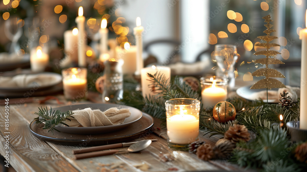 Fototapeta premium Festive Christmas Table Setting With Candles and Pine Cones