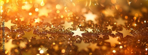 A golden background with stars and bokeh lights, creating an elegant and festive atmosphere for Christmas or other special events
