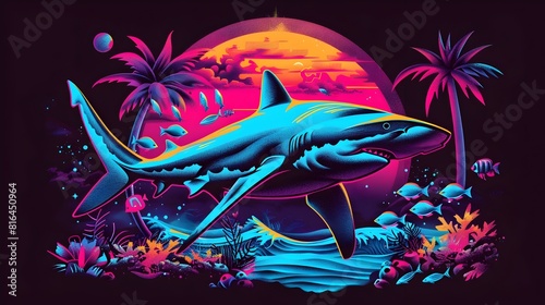 Vibrant Synthwave Hammerhead Shark Patrolling Tropical Archipelago with Crystal Waters and Coral Reefs