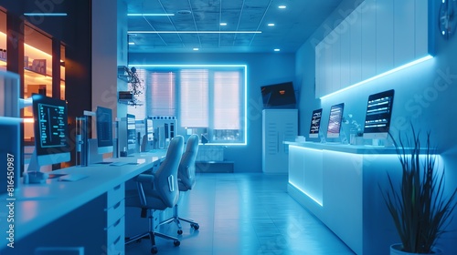 A front view of a neuralenhancement clinic offering cognitive upgrades, focusing on human enhancement technologies, with a technology tone in Monochromatic Color Scheme