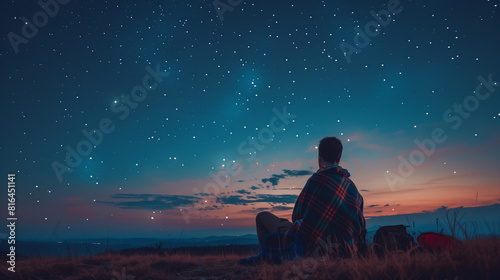 Man Contemplates Night Sky From Hilltop