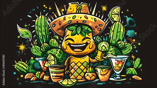 Vibrant Tequila Bottle Mascot with Lime and Salt Amidst Festive Agave Decor