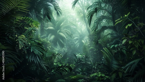 A dense jungle  full of trees and vegetation with dark green colors and volumetric lighting.