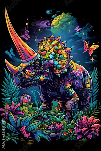 Vibrant Triceratops in a Psychedelic Jurassic Meadow with Colorful Wildflowers and Butterflies
