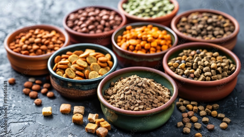 Organic and Natural Pet Food Ingredients Showcased in Bowls Organic and Natural Pet Food Ingredients Showcased in Bowls