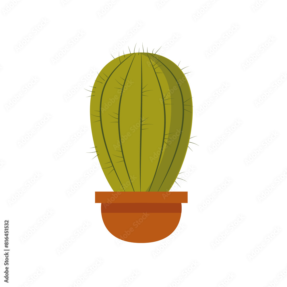 Round cactus in pot vector isolated illustration. Succulent for interior of office, apartment and premises. Houseplant with thorns hand drawn.