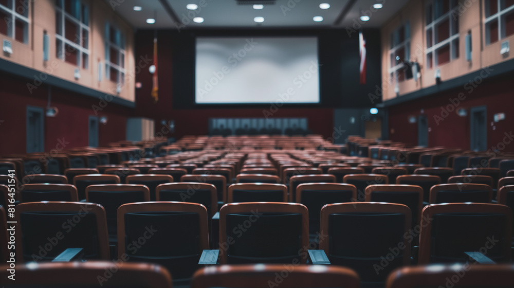 Empty Cinema With Rows of Seats and Projection Screen