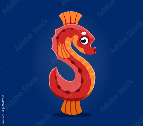 Underwater sea animals in font or undersea type of seahorse in dollar sign, cartoon vector character. Ocean alphabet typeface and sea font type special symbol of underwater coral reef seahorse animal