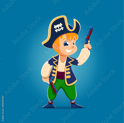 Cartoon funny kid boy pirate corsair with pistols. Vector playful young child dressed as a sea captain, complete with a skull and crossbones hat and colorful costume, cheerfully holding toy gun