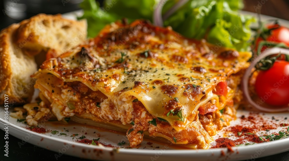Close-up of delicious lasagna served with a crisp salad and garlic bread, highlighting the textures and colors, isolated background, studio lighting Close-up of delicious lasagna served with a crisp salad and garlic bread, highlighting the textures and colors, isolated background, studio lighting