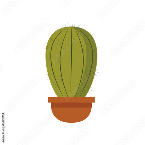 Round cactus in pot vector isolated illustration. Succulent for interior of office, apartment and premises. Houseplant with thorns hand drawn.