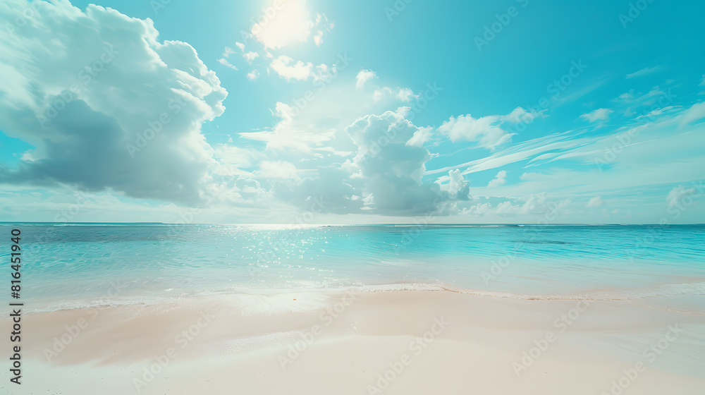 Obraz premium Beautiful white sand beach and blue sky with clouds in the background, summer vacation concept