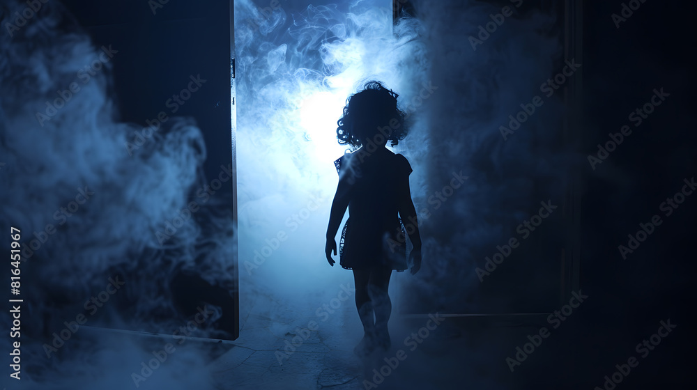 A silhouette of a little girl emerges from a luminous room with smoke in the dark The concept of childrens fears and mysticism : Generative AI A silhouette of a little girl emerges from a luminous room with smoke in the dark The concept of childrens fears and mysticism : Generative AI