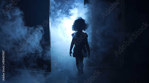 A silhouette of a little girl emerges from a luminous room with smoke in the dark The concept of childrens fears and mysticism : Generative AI