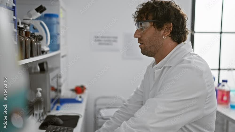 Tired hispanic man with beard and glasses in a white lab coat at a modern laboratory workstation indoors. Tired hispanic man with beard and glasses in a white lab coat at a modern laboratory workstation indoors.