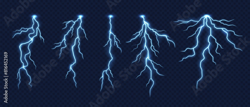 Lightning thunderstorm effect. Electric sparks, blue flash strikes, thunder bolts. Set of realistic 3d zippers, storm or shock, natural powerful light charges. Abstract electricity and explosion glow