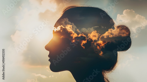 Psychology and woman mental health and weather dependent concept Multiple exposure clouds and sun on female head silhouette : Generative AI photo