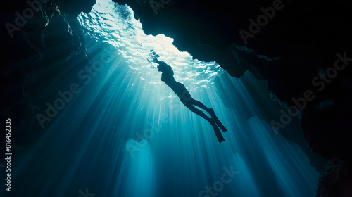 silhouette of free diver woman freediving in cave   Generative AI