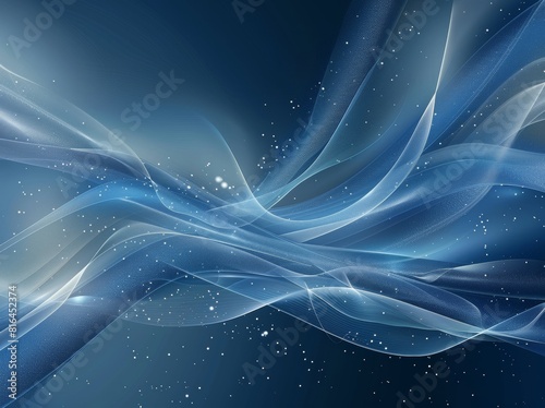 Vector illustration of an abstract blue background featuring a luminous effect and glow. The design includes curved lines, white waves, sun rays, and bokeh, making it suitable for presentations