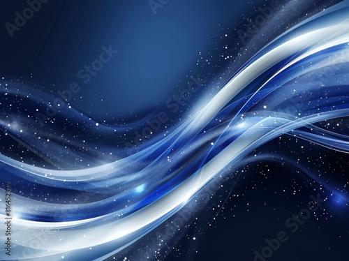 Vector illustration of an abstract blue background featuring a luminous effect and glow. The design includes curved lines, white waves, sun rays, and bokeh, making it suitable for presentations